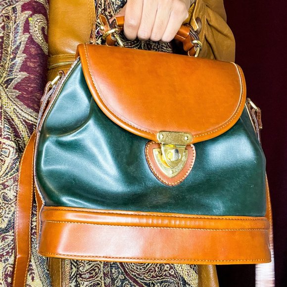 Vintage Forest Green & Brown Leather Crossbody Bag - Picture 1 of 4
